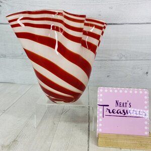 Blue Rivage CANDY PEPPERMINT STRIPE Handkerchief Hand Blown 7.5" Art Glass Vase